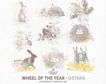 Ostara Scrapbook Accents, Instant Download, Hares And Rabbits, Bird Nests And Eggs, Mixed Media