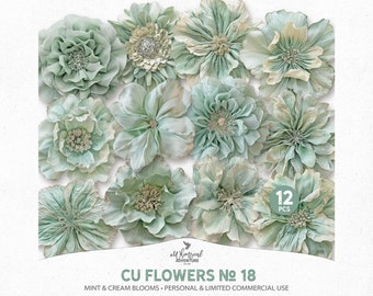 Mint And Cream Spring Flowers PNG Clipart Files, Digital Download Floral Scrapbooking Elements For Personal And Limited Commercial Use