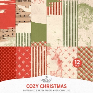 May include: A set of 12 digital papers featuring a variety of Christmas-themed patterns, including red and green plaid, polka dots, snowflakes, and stripes. The papers are designed in a vintage style with a distressed look. The text "Cozy Christmas" and "12 PCS" is included in the image.