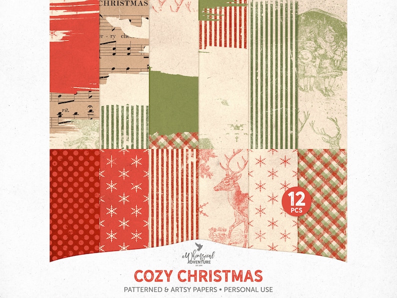 May include: A set of 12 digital papers featuring a variety of Christmas-themed patterns, including red and green plaid, polka dots, snowflakes, and stripes. The papers are designed in a vintage style with a distressed look. The text "Cozy Christmas" and "12 PCS" is included in the image.