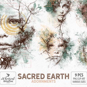 Heilige Erde Wunderliche Mixed Media Göttin Kunst Gesichts-Overlays, digitaler Download mythische Grafiken für Scrapbooking und Junk Journal