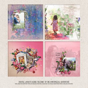 Op de afbeelding: Vier digitale scrapbook-layouts met een roze en blauwe kleurstelling met bloemmotieven, tekst en afbeeldingen van mensen. De tekst bevat de woorden "Sweet Spring Sweet" en "May Day".