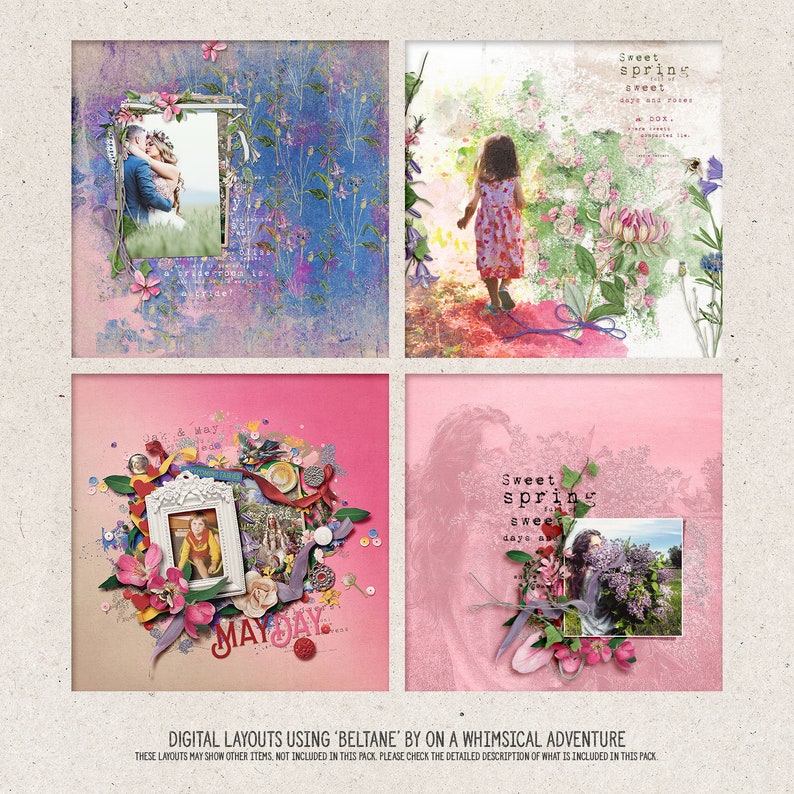 Op de afbeelding: Vier digitale scrapbook-layouts met een roze en blauwe kleurstelling met bloemmotieven, tekst en afbeeldingen van mensen. De tekst bevat de woorden "Sweet Spring Sweet" en "May Day".