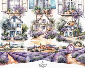 French Country Cottagecore Lavender Watercolor Clipart PNG, Digital Download Elements For Travel Scrapbook Album, Journal Or Planner