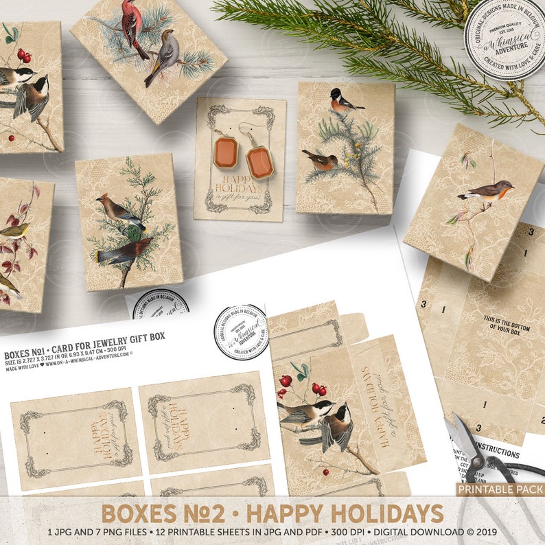 Pode incluir: Modelo de caixa imprim&iacute;vel com tema de p&aacute;ssaros de inverno. O modelo inclui uma caixa com uma aba, um fundo e uma tampa. A caixa &eacute; decorada com um design de p&aacute;ssaro de inverno e o texto "Boas Festas".