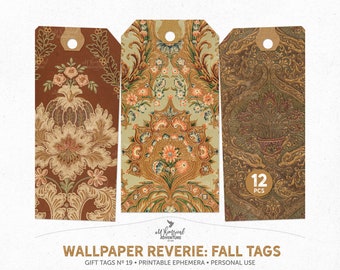 Etiquetas de regalo de otoño imprimibles digitalmente, paquete de efímeras de diario basura de descarga instantánea, etiquetas de papel tapiz floral vintage