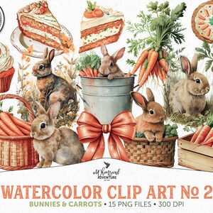 Konijntjes en wortelen Pasen vintage aquarel clipart voor commercieel gebruik, digitale download png-bestanden voor scrapbooking of ongewenste tijdschriften