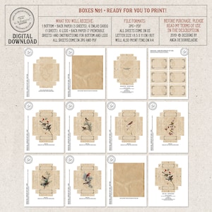 Pode incluir: Download digital imprim&iacute;vel para criar pequenas caixas de presente. O design apresenta um estilo vintage com p&aacute;ssaros e bagas em um fundo marrom. O download inclui instru&ccedil;&otilde;es para montar as caixas.