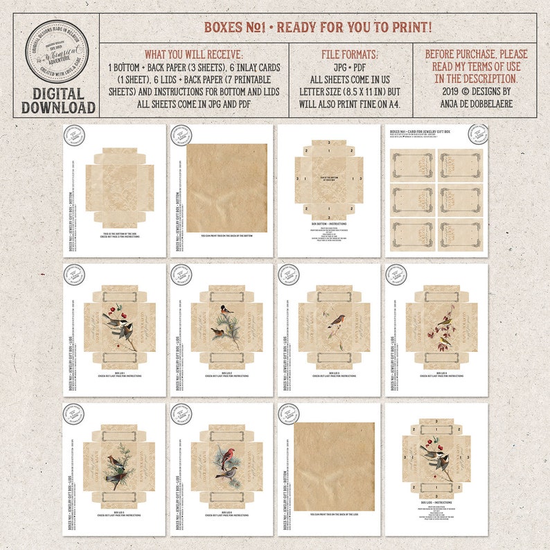 Pode incluir: Download digital imprim&iacute;vel para criar pequenas caixas de presente. O design apresenta um estilo vintage com p&aacute;ssaros e bagas em um fundo marrom. O download inclui instru&ccedil;&otilde;es para montar as caixas.