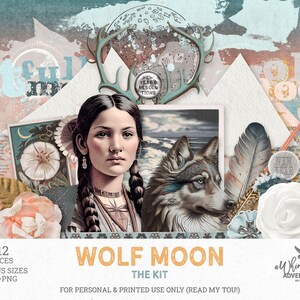 Wolf Moon Native American Scrapbook Kit - Boho New Year Papers & PNG Elements (Digital Download)