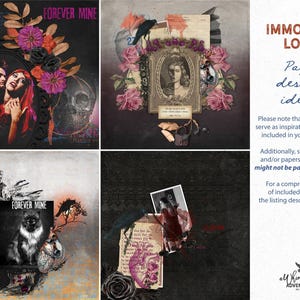May include: A digital collage set featuring gothic-themed scrapbook layouts with imagery of vampires, skulls, ravens, castles, and floral elements. The text includes 'FOREVER MINE', 'IMMORTAL LOVE', and 'Page design ideas' alongside disclaimers.