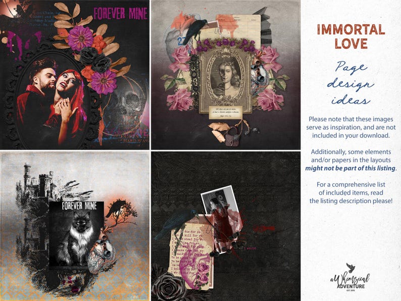May include: A digital collage set featuring gothic-themed scrapbook layouts with imagery of vampires, skulls, ravens, castles, and floral elements. The text includes 'FOREVER MINE', 'IMMORTAL LOVE', and 'Page design ideas' alongside disclaimers.