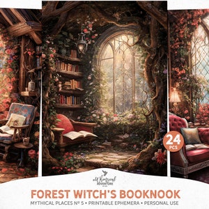 Magischer Wald Hexe Fantasie Buchnook druckbare Junk Journal Papiere, digitaler Download 5 x 7 Karten und ATC Ephemera Collage Sheets