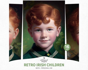 Retro 1950s Irish Boys Printable 5x7 Portrait Oil Paintings, Digital Download St Patricks Day Children Junk Journal Ephemera Pack