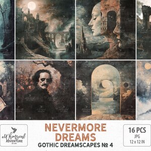 Edgar Allan Poe Inspired Gothic Fantasy Art Paper - Dark Academia Digital Download For Scrapbook or Junk Journal