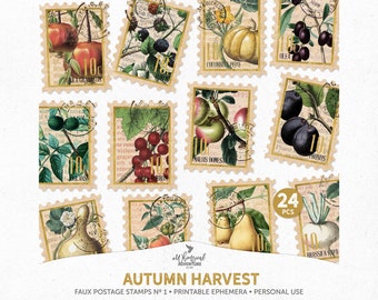 Autumn Harvest Vintage Printable Faux Stamps, Digital Download Ephemera For Scrapbooking Or Botanical Junk Journal