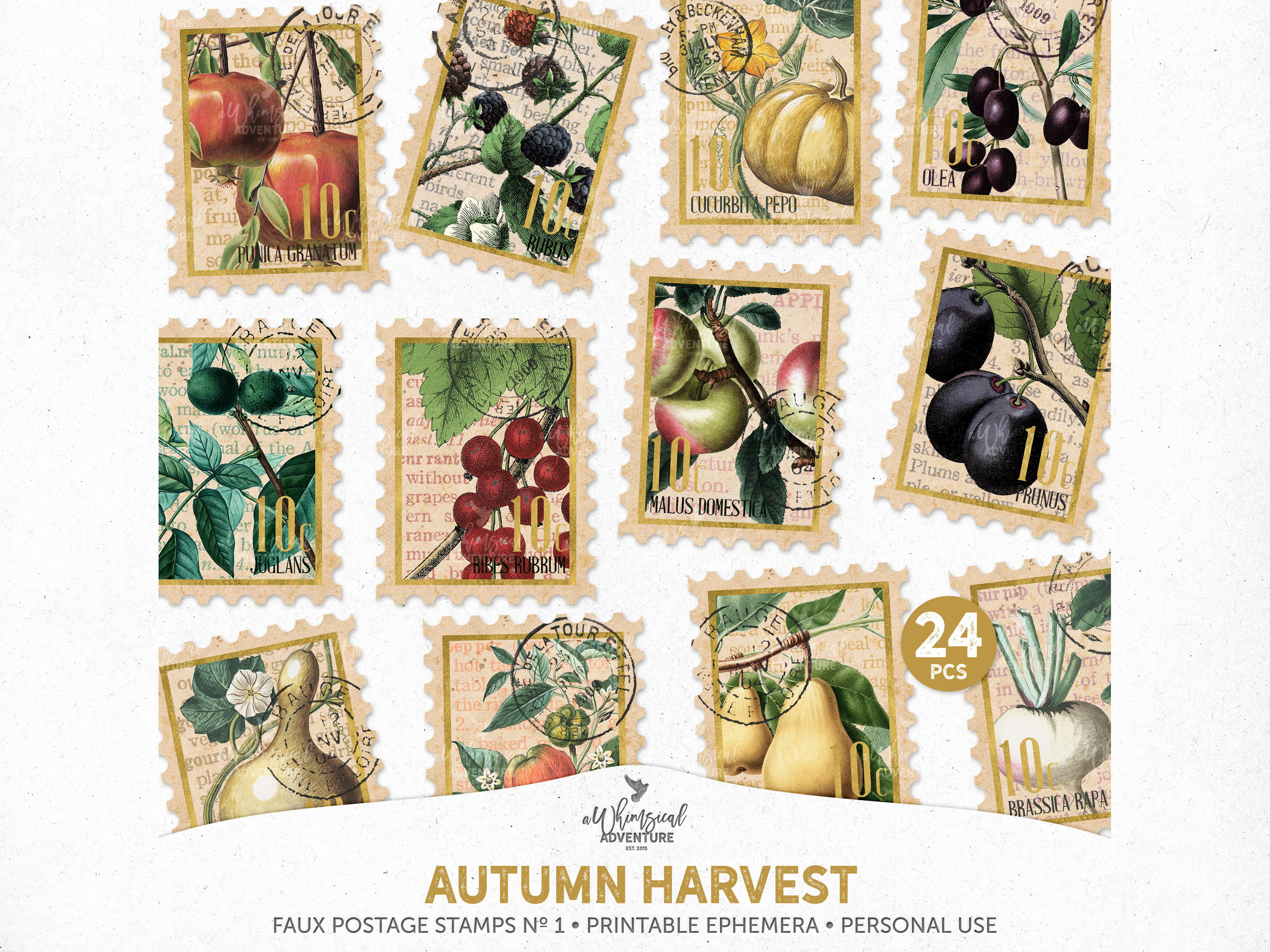 Autumn Harvest Vintage Printable Faux Stamps, Digital Download Ephemera ...