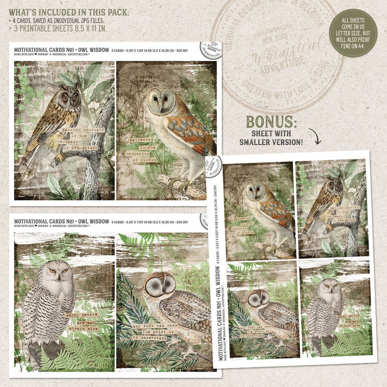 May include: Four printable cards featuring owl illustrations with inspirational quotes. Each card is 8.5 inches by 11 inches and features a different owl design with a vintage aesthetic. The cards are perfect for crafting, scrapbooking, or adding a touch of whimsy to your home decor.