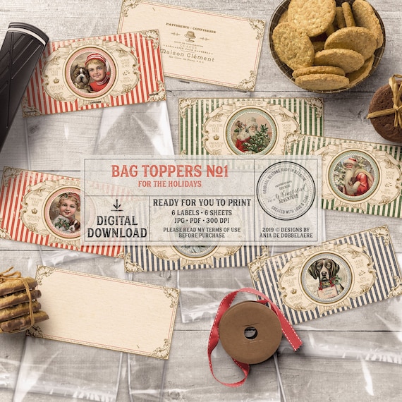 Holiday Gift Idea, Christmas Gift, For Pet Lovers, Favor Bag Toppers DIY, Vintage, Edwardian Style Christmas, Printable Candy Bag Toppers