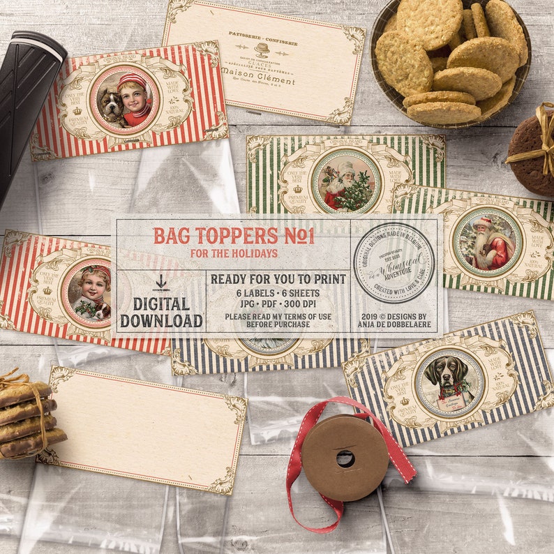 May include: A set of six printable Christmas bag toppers featuring vintage illustrations of Santa Claus, a dog, and a child. The toppers are designed with red, green, and blue stripes and include the text "Bag Toppers No. 1 for the Holidays".