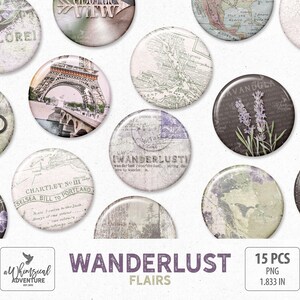 Flair Buttons, Travel Digital Flairs, Pins, Digital Download, Wanderlust Digital Scrapbooking Elements, Vintage Maps, Lavender, Eiffel Tower