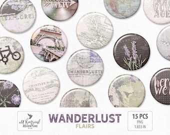 Flair Buttons, Travel Digital Flairs, Pins, Digital Download, Wanderlust Digital Scrapbooking Elements, Vintage Maps, Lavender, Eiffel Tower