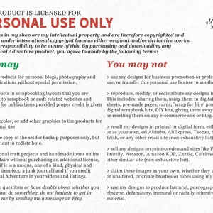May include: A black and white text document with the title "This product is licensed for personal use only."  The document lists the terms of use for digital designs, including what is allowed and what is not allowed.  The document includes the text "A Whimsical Adventure".