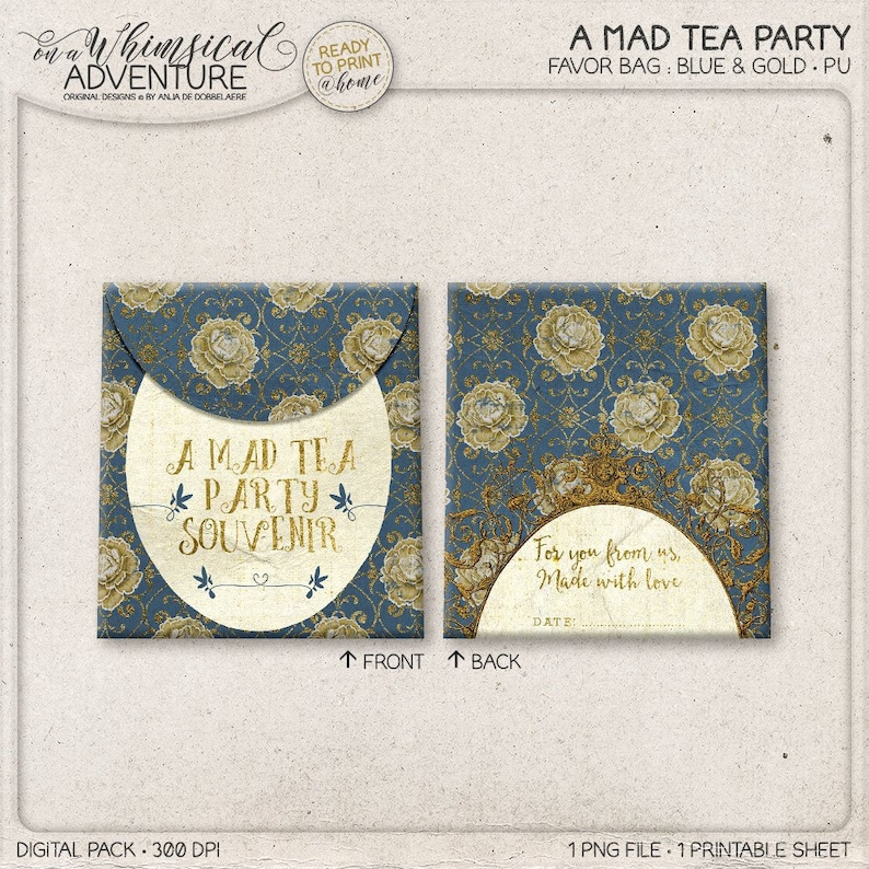 Printable Party Favor Bag Mad Hatter Blue and Gold DIY Treat Bag Alice In Wonderland Instant Download Mad Tea Party Decorations