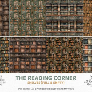May include: A digital collection of 32 papers titled The Reading Corner, featuring patterns of library bookshelves, some filled with books and ladders, others empty, in various wood tones and textures, measuring 12 inches by 12 inches in JPG format.
