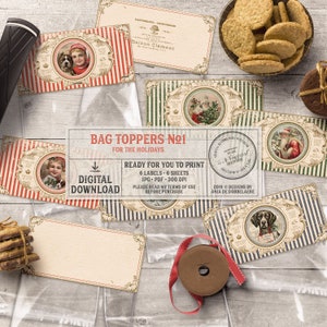 May include: A set of six printable Christmas bag toppers featuring vintage illustrations of Santa Claus, a dog, and a child. The toppers are designed with red, green, and blue stripes and include the text "Bag Toppers No. 1 for the Holidays".