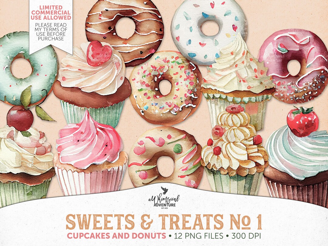 Watercolor Cupcake and Donut Valentine Clipart PNG Files for Commercial ...