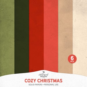 May include: Six digital paper textures in a variety of colors, including white, green, red, and beige. The papers have a vintage, textured look. The text "Cozy Christmas" is at the bottom of the image.