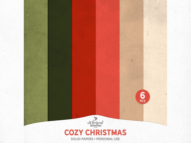 May include: Six digital paper textures in a variety of colors, including white, green, red, and beige. The papers have a vintage, textured look. The text "Cozy Christmas" is at the bottom of the image.