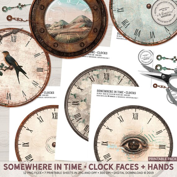 Clock Faces Kit, Steampunk Clock Faces, Printable DIY Clocks, Dark Academia, Junk Journal Sheets, Vintage Ephemera,Digital Collage Scrapbook