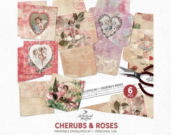 Sobres imprimibles, bolsillo para diario basura, querubines y rosas imprimibles, descarga digital, sobres para San Valentín, sobres de angelitos