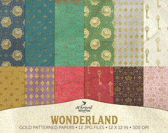 Alice In Wonderland Gold Foil Seamless Patterned Scrapbook Paper, Digital Download Victorian Damask And Floral Backgrounds