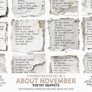 Fragmentos de poesía de máquina de escribir vintage para otoño y Acción de Gracias. Descarga digital de archivos PNG para álbumes de recortes y diarios.