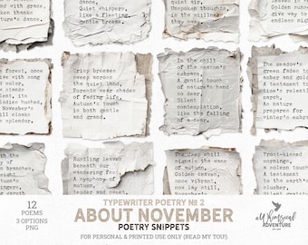 Vintage Typewriter Poetry Paper Snippets For Fall And Thanksgiving, Digital Download PNG Clipart Files For Scrapbooking And Journaling