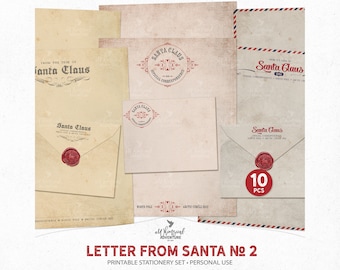 Letter From Santa Printable Vintage Christmas Stationery, Digital Download Santa Claus North Pole Letterhead And Envelopes With Wax Seals