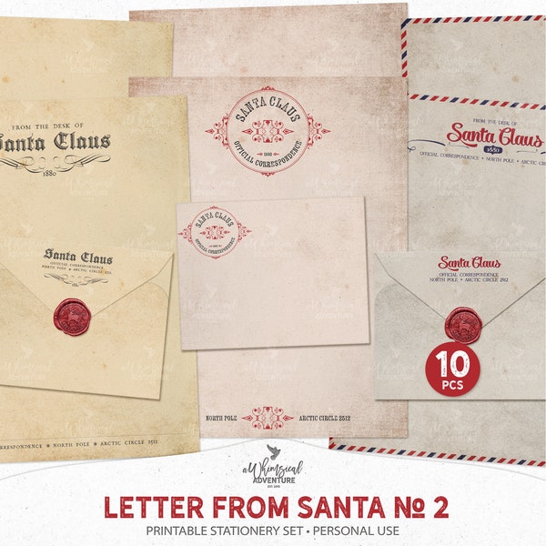 Letter From Santa Printable Vintage Christmas Stationery, Digital Download Santa Claus North Pole Letterhead And Envelopes With Wax Seals