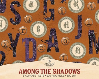 Gothic Style, Digital Halloween Alphabet Clip Art, Typewriter Font, Grungy Glitter Letters and Numbers, Symbols and Punctuation, Scrapbook