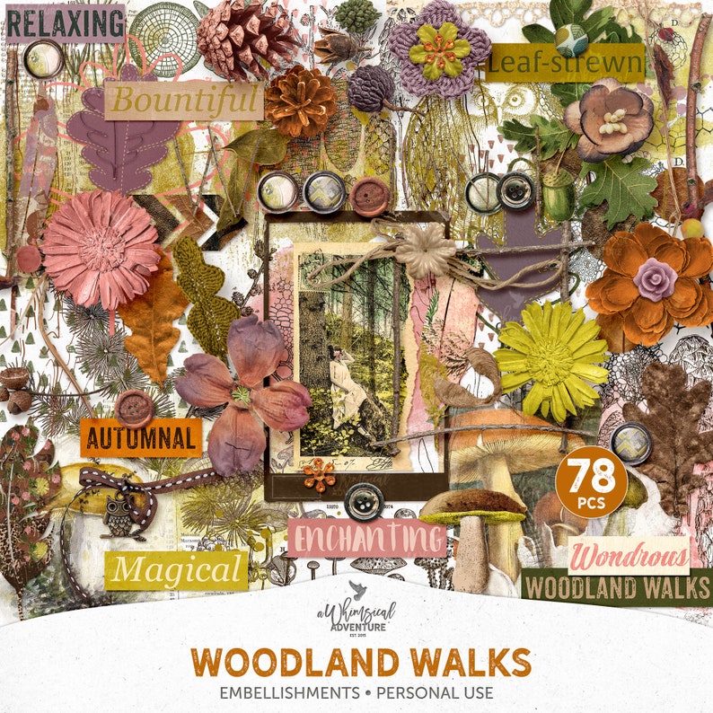 Rustic Digital Scrapbook Elements, Botanical Embellishments, Autumn Clipart, Nature Inspired, Woodland, Woodsy Theme, Instant Download image 1