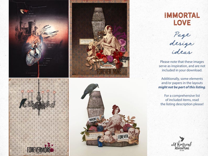 May include: A digital collage collection titled Immortal Love featuring gothic imagery including a human heart, a stone coffin, a chandelier, a crow, skulls, and a woman in a headscarf. The text includes Forever Mine, Forevermore, and Immortal Love.