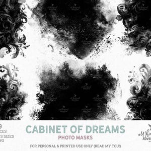 Puede incluir: Una obra de arte digital con nueve máscaras fotográficas en blanco y negro de varios tamaños. Las máscaras tienen una estética grunge con diseños florales y abstractos ornamentados. El texto dice "Cabinet of Dreams Photo Masks".