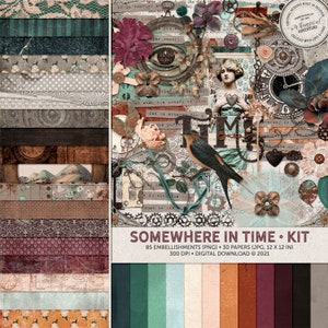 Op de afbeelding: Een digitale scrapbookingkit met een vintage esthetiek. De kit bevat 85 versieringen en 30 papieren, allemaal in het formaat 12x12 inch. De kit heeft een verscheidenheid aan kleuren, waaronder teal, bruin, roze en rood. De kit bevat ook een verscheidenheid aan texturen, waaronder kant, metaal en hout. De kit is perfect voor het maken van scrapbookingpagina's, kaarten en andere papierkunst.