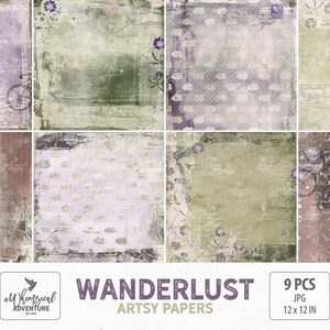 May include: A set of nine artsy papers with a vintage aesthetic. The papers feature various textures, colours, and designs, including floral accents, bicycle illustrations, and distressed backgrounds. Each paper measures 30.48 x 30.48 cm.