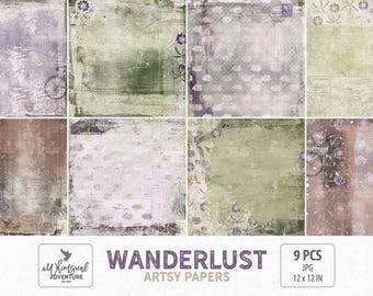 Wanderlust Travel, Shabby Floral Papers, Bon Voyage, Instant Download, Artsy Paper Pack, Digital Scrapbooking Paper 12x12, Lavender, Clouds