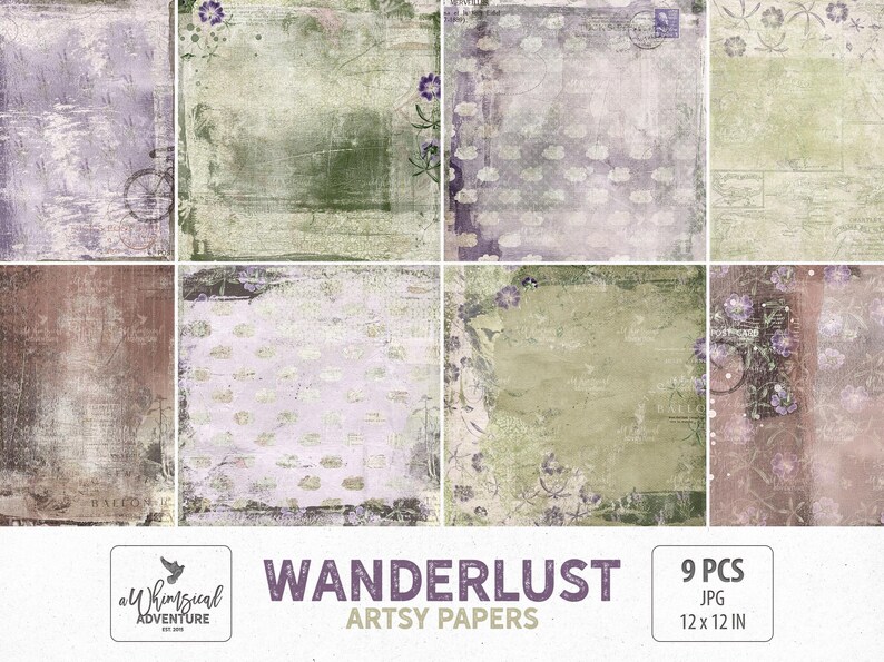 May include: A set of nine artsy papers with a vintage aesthetic. The papers feature various textures, colours, and designs, including floral accents, bicycle illustrations, and distressed backgrounds. Each paper measures 30.48 x 30.48 cm.