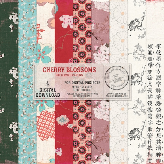 Cherry Blossom, Patterned Paper 12 x 12, Asian Style, Shabby Chic, Instant Download, Digital Scrapbooking