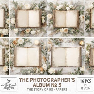 Album photo ouvert de mariage rustique, toile de fond en papier, téléchargement numérique, collage floral blanc et vert pour le scrapbooking et la journalisation indésirable